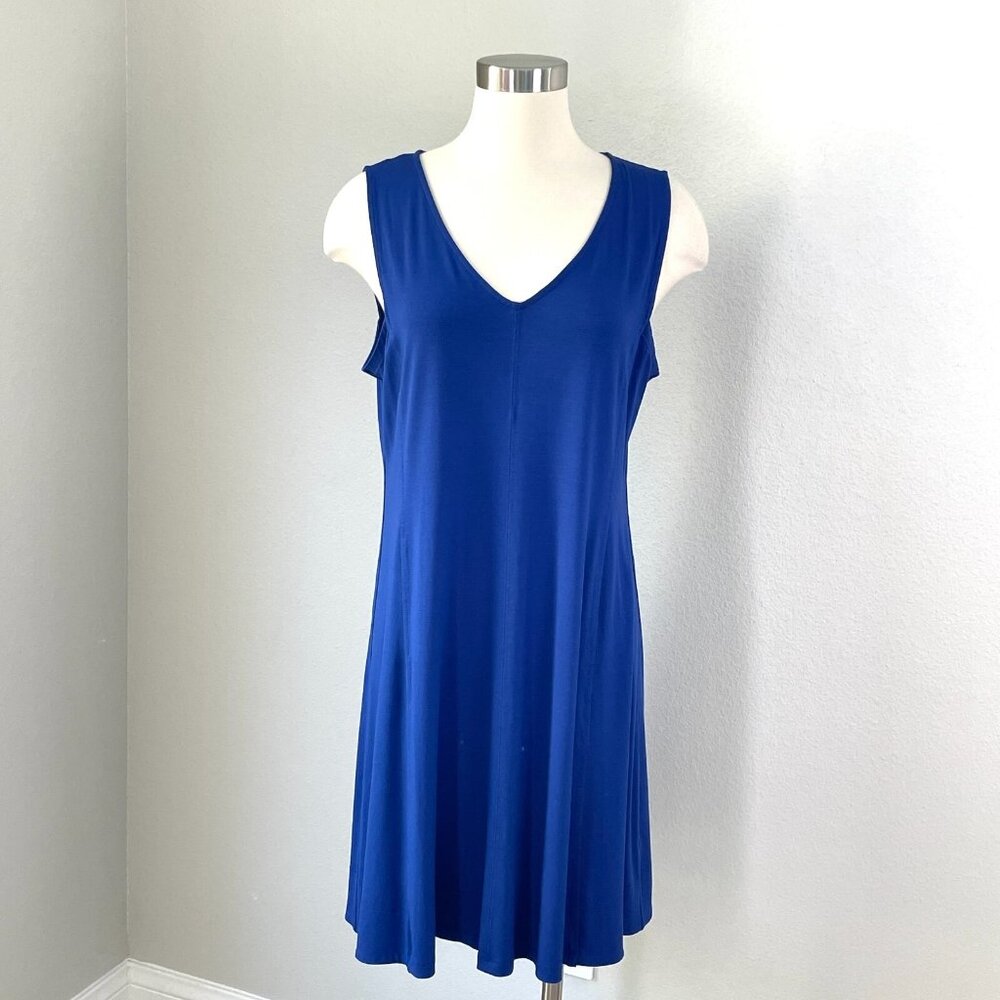 Eileen Fisher Womens Petite Large Blue V Neck Stretch Dress Sleeveless